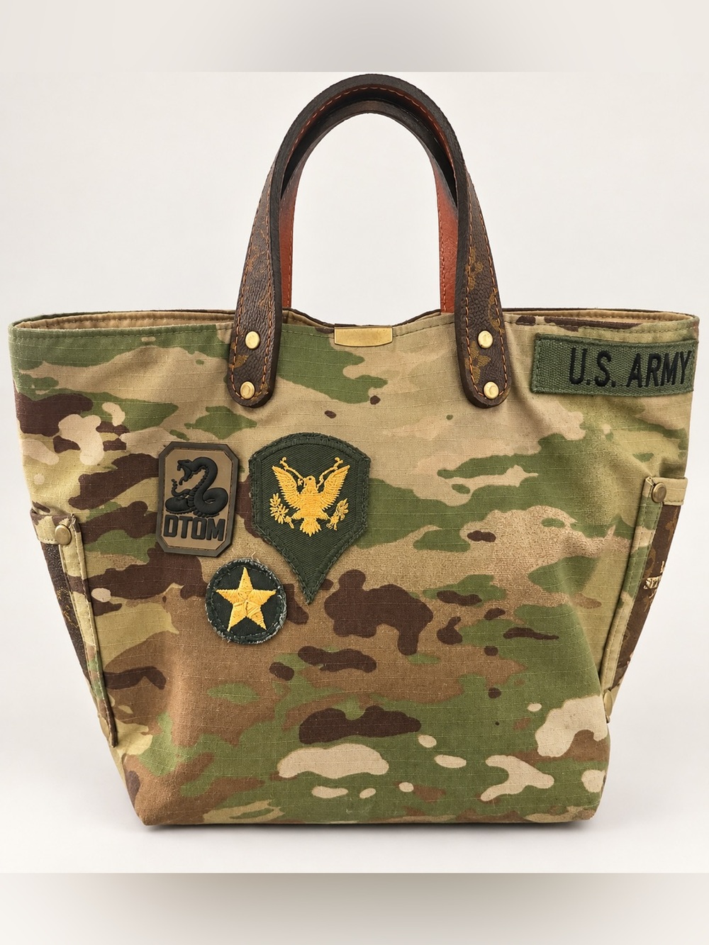 Military Camo Canvas Tote Bag | U.S. Army Patch Tote | Leather Handle Camouflage
